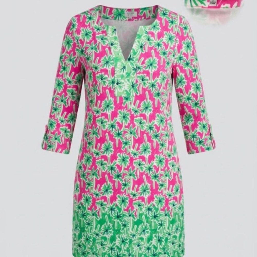 Crown & Ivy Palm Floral Tunic Dress L Pink Green Palm Tree Midi